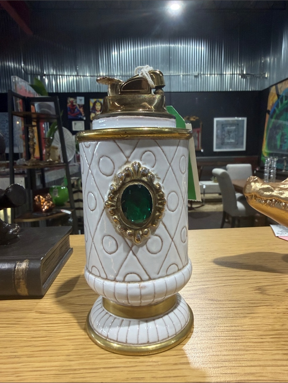 Vintage Decorative White and Gold Accent Table Lighter with Emerald Medallion